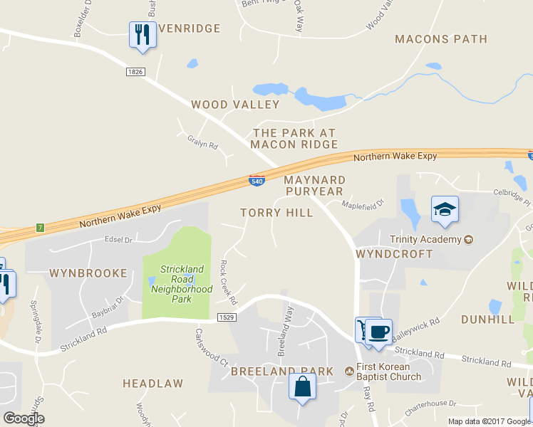 map of restaurants, bars, coffee shops, grocery stores, and more near 4917 Torry Ridge Road in Raleigh