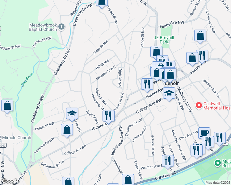 map of restaurants, bars, coffee shops, grocery stores, and more near 327 Prospect Street Northwest in Lenoir