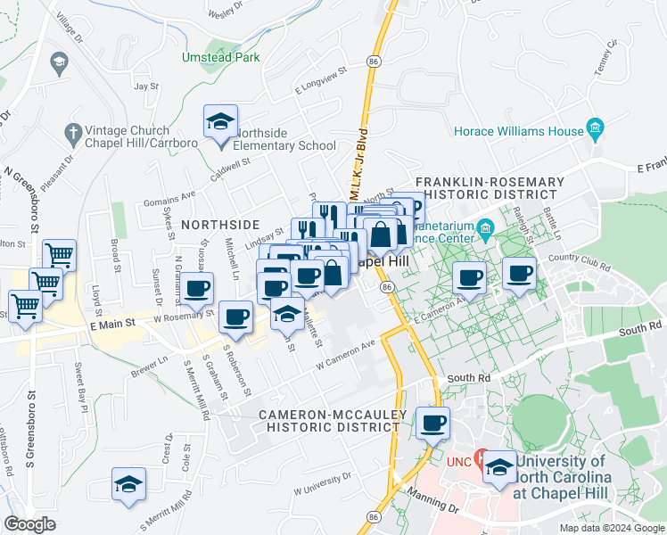 map of restaurants, bars, coffee shops, grocery stores, and more near 140 West Franklin Street in Chapel Hill