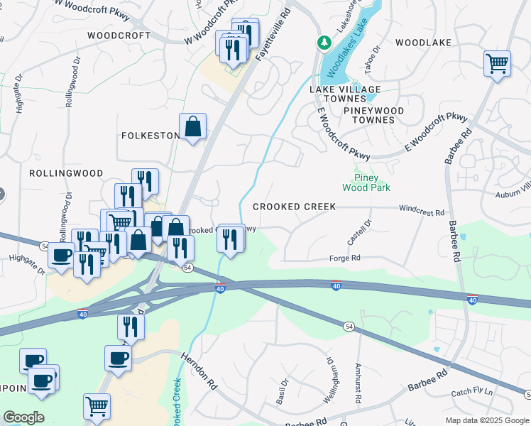map of restaurants, bars, coffee shops, grocery stores, and more near 8 Creeks Edge Court in Durham