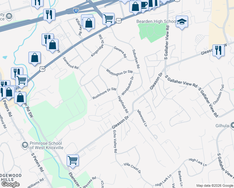 map of restaurants, bars, coffee shops, grocery stores, and more near 8701 Highfield Road in Knoxville