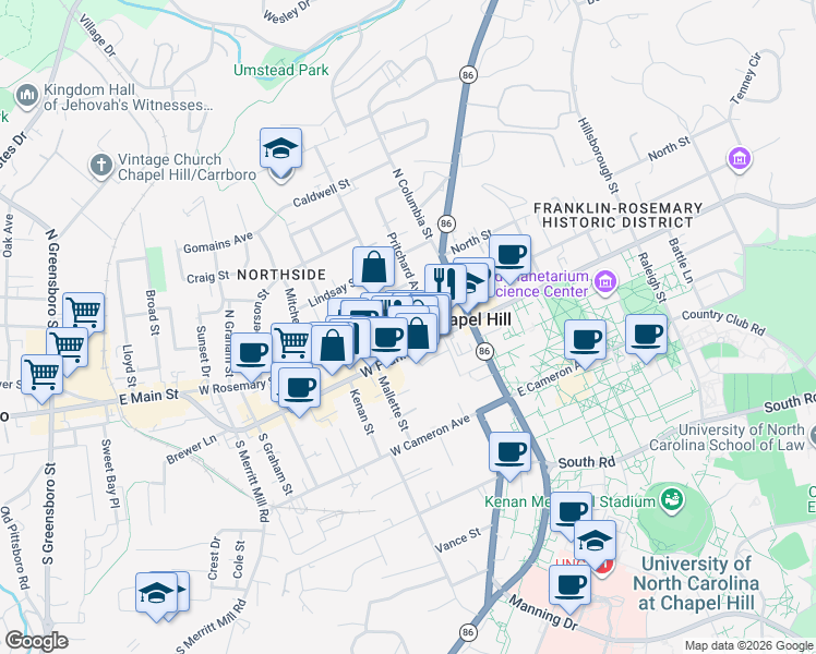map of restaurants, bars, coffee shops, grocery stores, and more near 211 Church Street in Chapel Hill