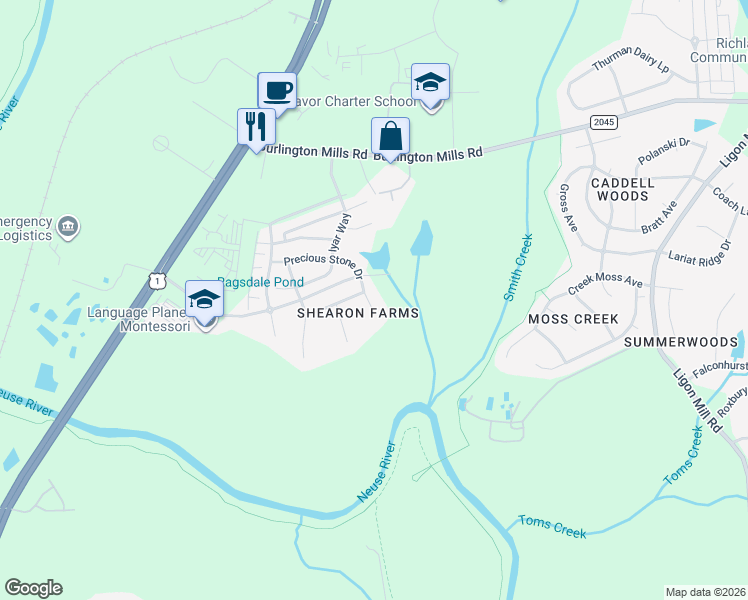 map of restaurants, bars, coffee shops, grocery stores, and more near 9716 Precious Stone Drive in Wake Forest
