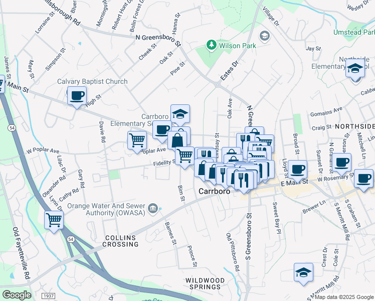 map of restaurants, bars, coffee shops, grocery stores, and more near 102 East Poplar Avenue in Carrboro