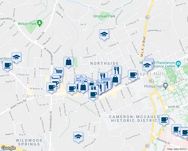 map of restaurants, bars, coffee shops, grocery stores, and more near 224 North Graham Street in Chapel Hill
