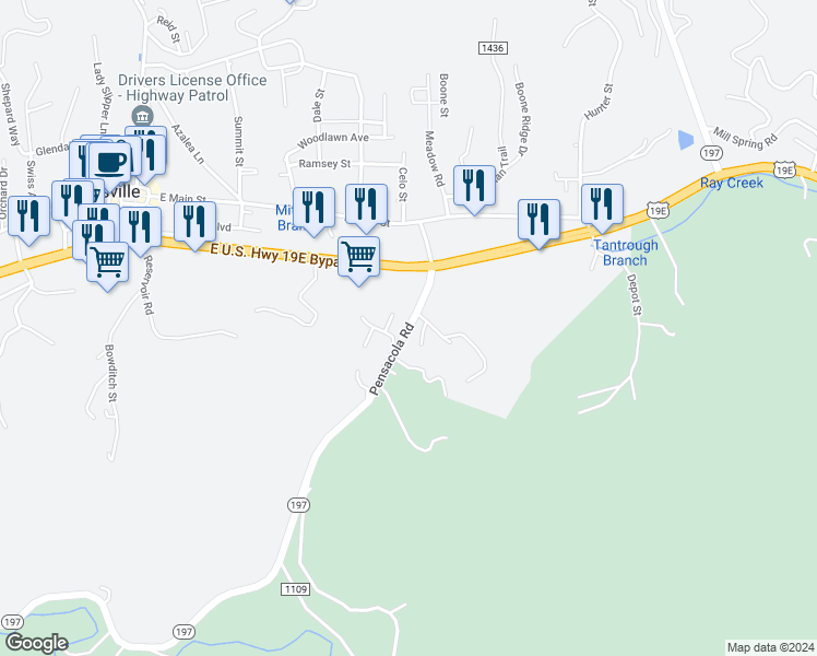 map of restaurants, bars, coffee shops, grocery stores, and more near North Carolina 197 in Burnsville