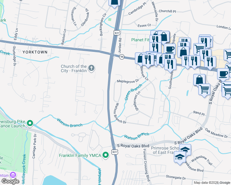 map of restaurants, bars, coffee shops, grocery stores, and more near 529 Maplegrove Drive in Franklin