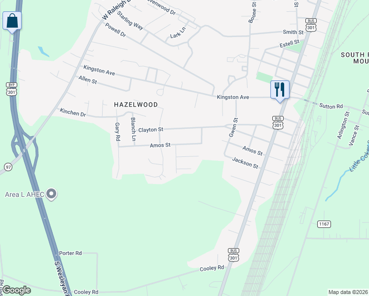 map of restaurants, bars, coffee shops, grocery stores, and more near 629 Amos Street in Rocky Mount