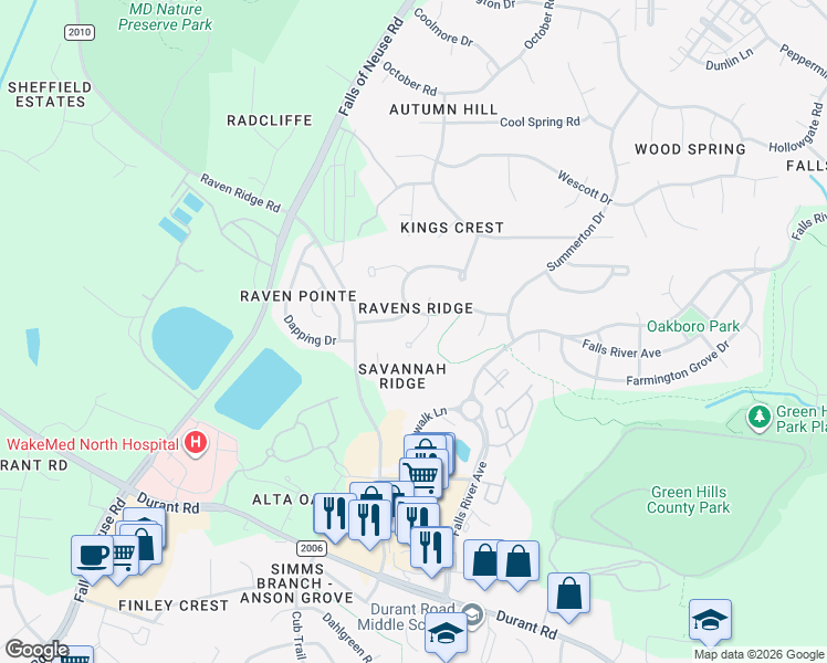 map of restaurants, bars, coffee shops, grocery stores, and more near 10301 Rocky Ford Court in Raleigh