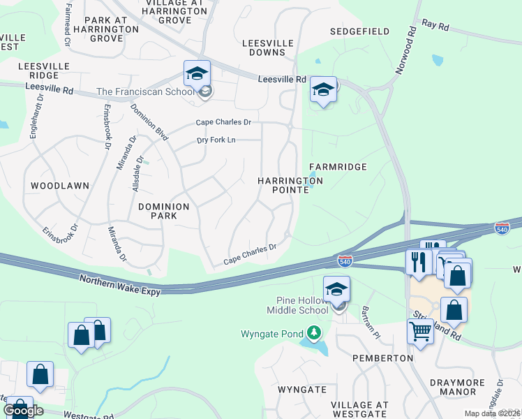 map of restaurants, bars, coffee shops, grocery stores, and more near 9452 Bells Valley Drive in Raleigh