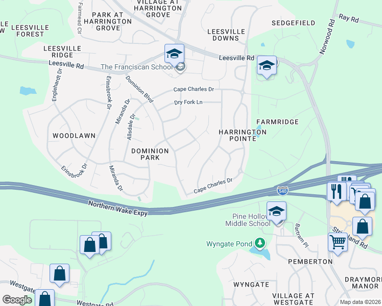 map of restaurants, bars, coffee shops, grocery stores, and more near 9429 Cartersville Court in Raleigh
