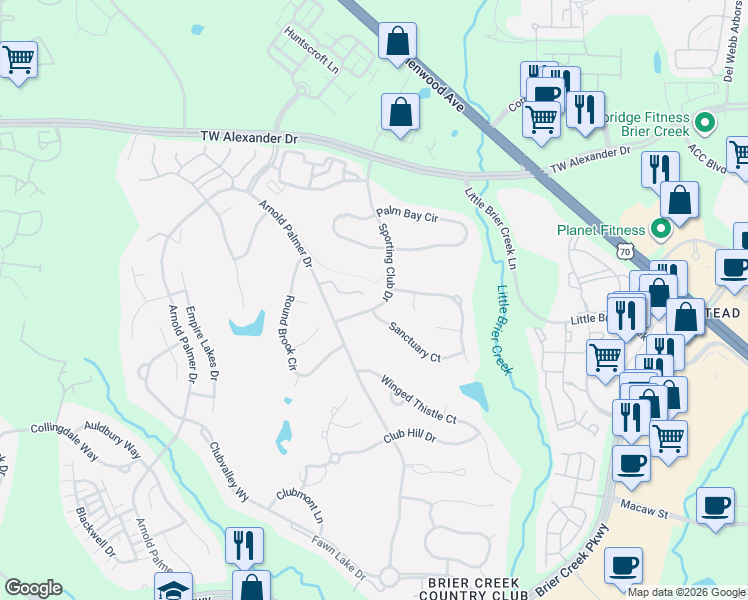 map of restaurants, bars, coffee shops, grocery stores, and more near 10121 Sporting Club Drive in Raleigh