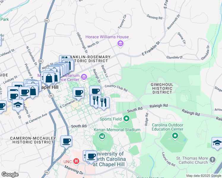 map of restaurants, bars, coffee shops, grocery stores, and more near 102 Country Club Road in Chapel Hill