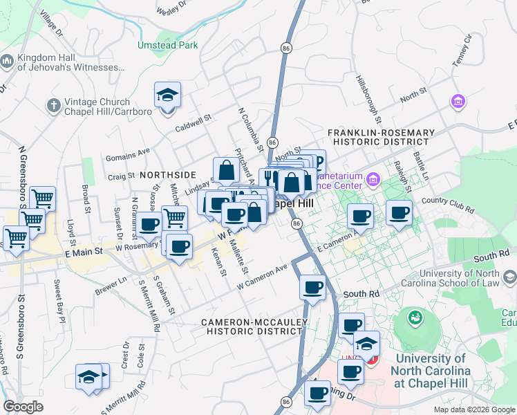 map of restaurants, bars, coffee shops, grocery stores, and more near 126 West Franklin Street in Chapel Hill
