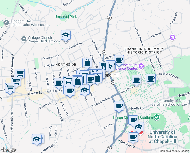 map of restaurants, bars, coffee shops, grocery stores, and more near 211 Church Street in Chapel Hill