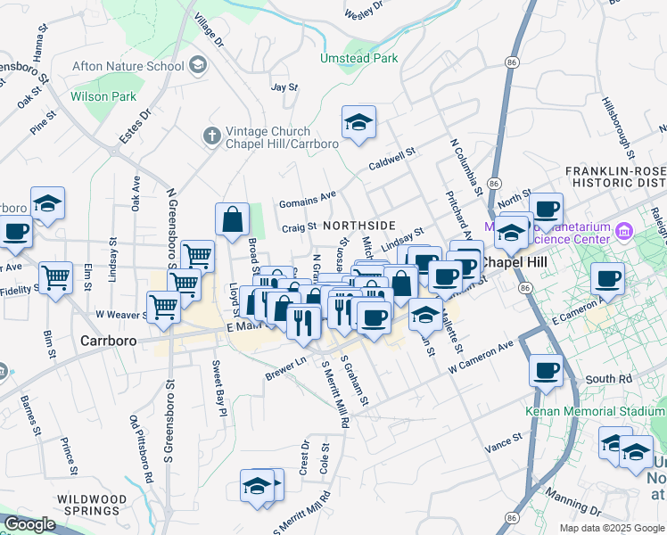 map of restaurants, bars, coffee shops, grocery stores, and more near 224 North Graham Street in Chapel Hill