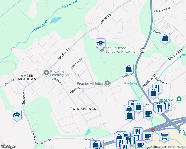 map of restaurants, bars, coffee shops, grocery stores, and more near 1124 Live Oak Circle in Knoxville