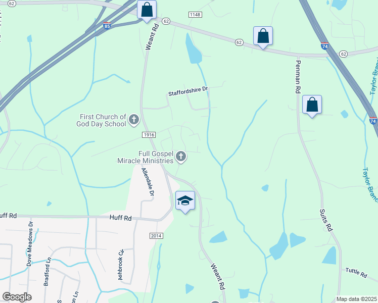 map of restaurants, bars, coffee shops, grocery stores, and more near 301 Willow Terrace in Archdale