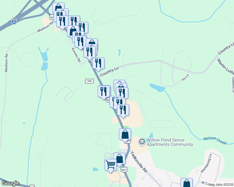 map of restaurants, bars, coffee shops, grocery stores, and more near 1119 Yadkinville Road in Mocksville