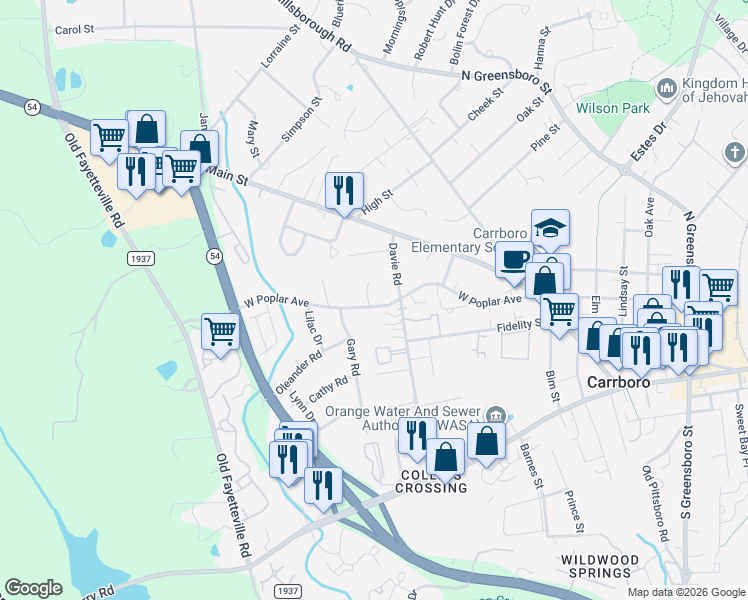 map of restaurants, bars, coffee shops, grocery stores, and more near 100 Raven Lane in Carrboro