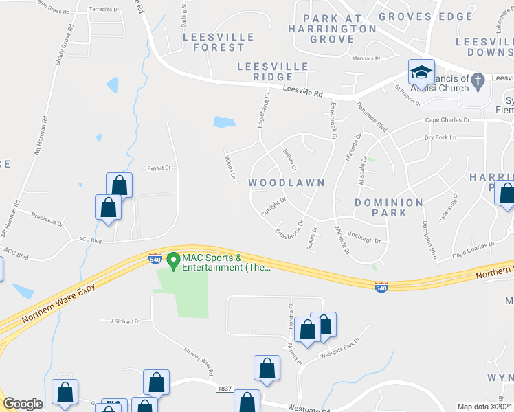 map of restaurants, bars, coffee shops, grocery stores, and more near 9021 Erinsbrook Drive in Raleigh