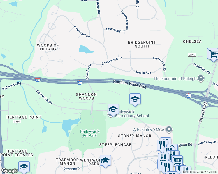 map of restaurants, bars, coffee shops, grocery stores, and more near 620 Downpatrick Lane in Raleigh