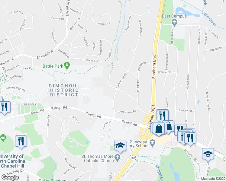 map of restaurants, bars, coffee shops, grocery stores, and more near 900 Greenwood Road in Chapel Hill