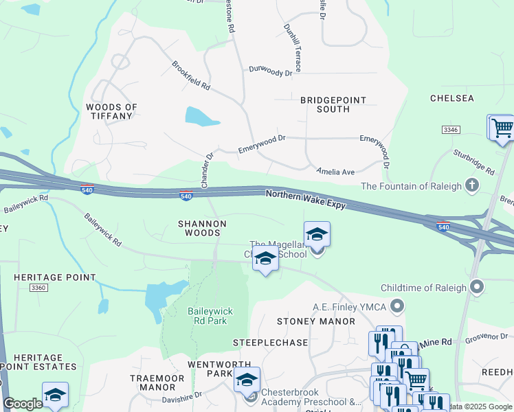 map of restaurants, bars, coffee shops, grocery stores, and more near 620 Downpatrick Lane in Raleigh