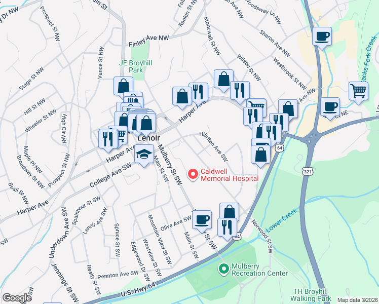 map of restaurants, bars, coffee shops, grocery stores, and more near 216 Norwood Street Southwest in Lenoir