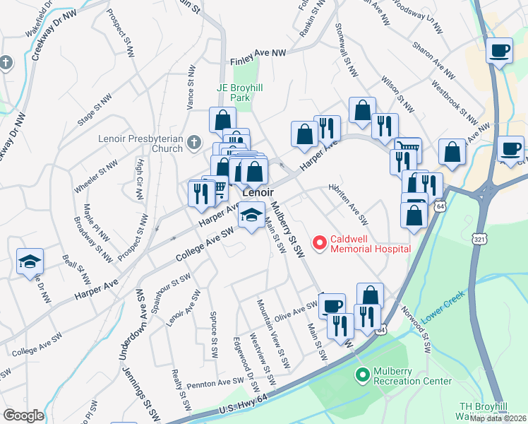 map of restaurants, bars, coffee shops, grocery stores, and more near 761-809 College Avenue Southwest in Lenoir