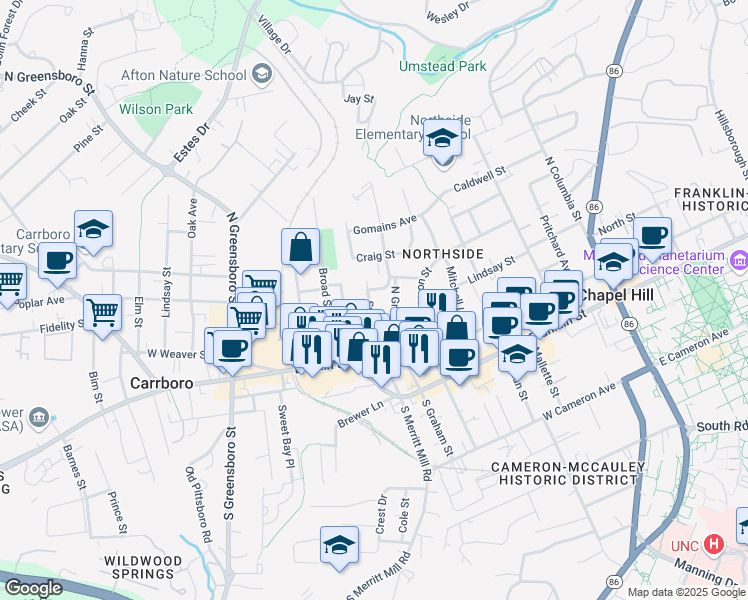 map of restaurants, bars, coffee shops, grocery stores, and more near 310 Sunset Drive in Chapel Hill