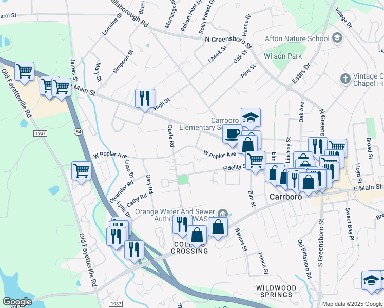 map of restaurants, bars, coffee shops, grocery stores, and more near 104 Laughing Bird Lane in Carrboro