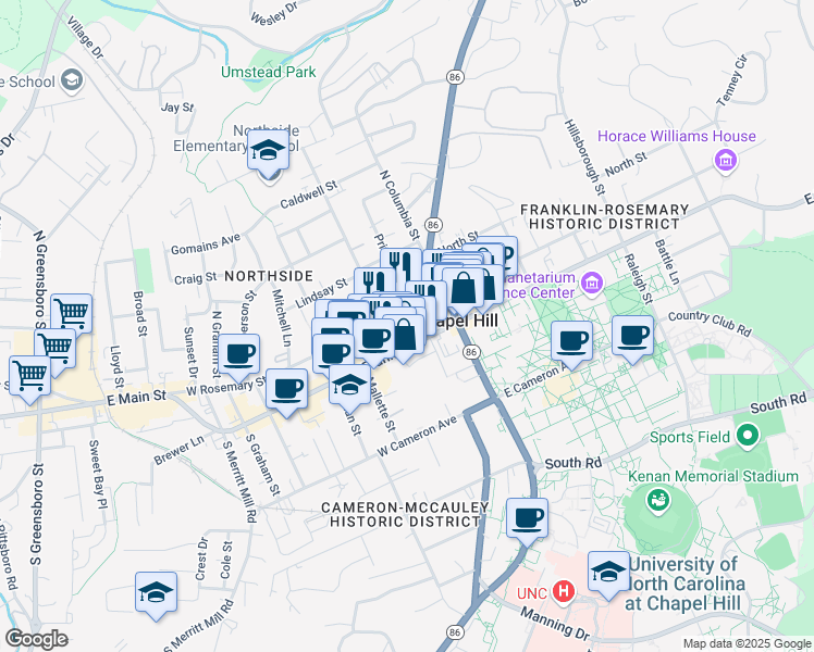 map of restaurants, bars, coffee shops, grocery stores, and more near 126 West Franklin Street in Chapel Hill