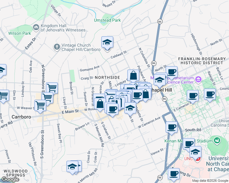 map of restaurants, bars, coffee shops, grocery stores, and more near 212 Mitchell Lane in Chapel Hill