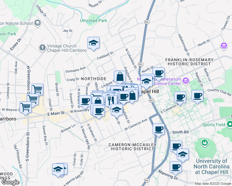 map of restaurants, bars, coffee shops, grocery stores, and more near 316 West Rosemary Street in Chapel Hill
