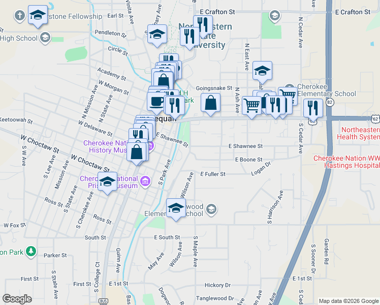 map of restaurants, bars, coffee shops, grocery stores, and more near 104 East Boone Street in Tahlequah