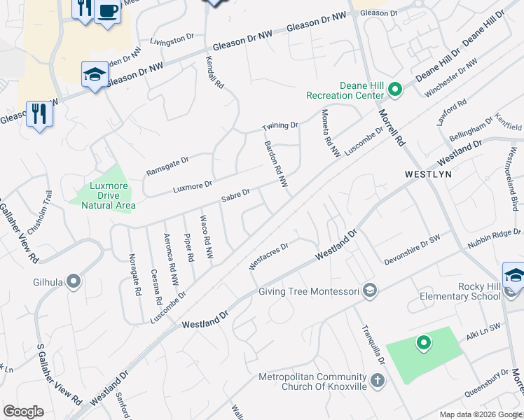 map of restaurants, bars, coffee shops, grocery stores, and more near 7720 Pocanno Road Northwest in Knoxville