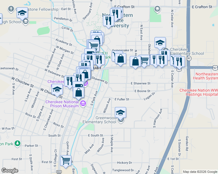 map of restaurants, bars, coffee shops, grocery stores, and more near 104 East Boone Street in Tahlequah
