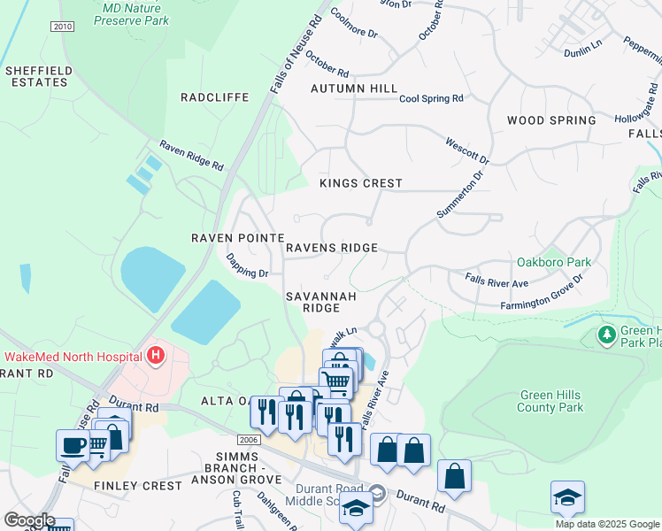 map of restaurants, bars, coffee shops, grocery stores, and more near 10301 Rocky Ford Court in Raleigh