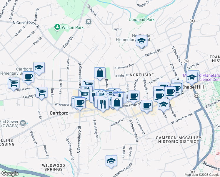 map of restaurants, bars, coffee shops, grocery stores, and more near 218 Broad St in Carrboro