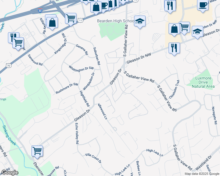 map of restaurants, bars, coffee shops, grocery stores, and more near 407 Dublin Drive in Knoxville
