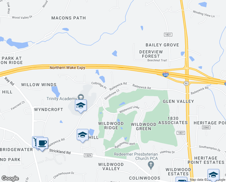 map of restaurants, bars, coffee shops, grocery stores, and more near 10108 Goodview Court in Raleigh