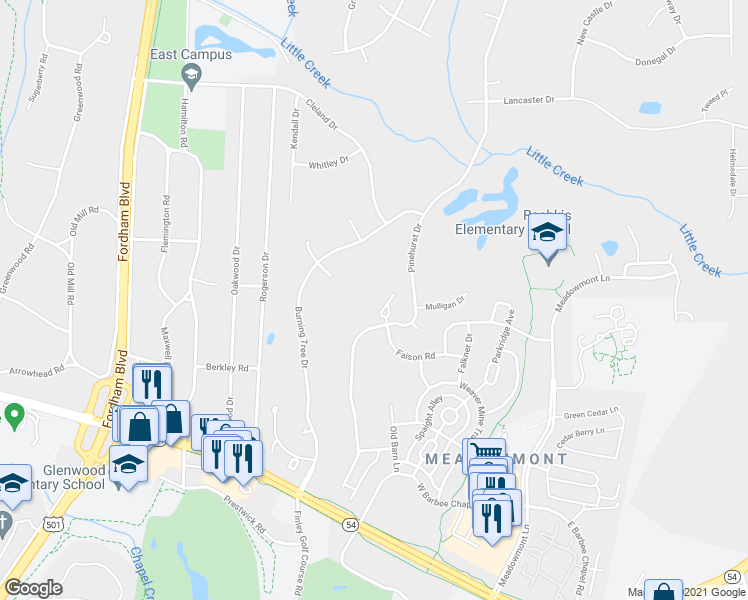 map of restaurants, bars, coffee shops, grocery stores, and more near 111 Faison Road in Chapel Hill