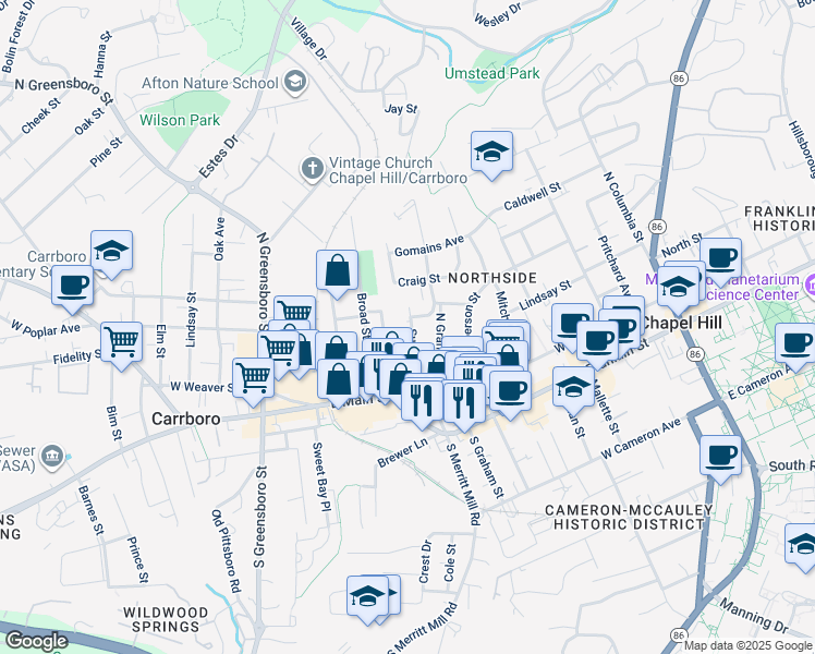map of restaurants, bars, coffee shops, grocery stores, and more near 311 Sunset Drive in Chapel Hill