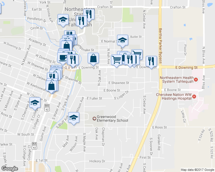 map of restaurants, bars, coffee shops, grocery stores, and more near 104 North Ash Avenue in Tahlequah
