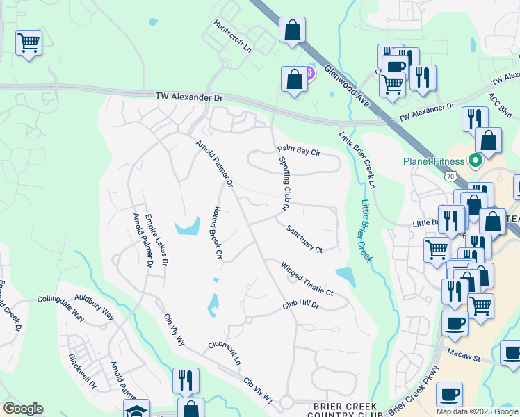 map of restaurants, bars, coffee shops, grocery stores, and more near 10146 Mizner Lane in Raleigh