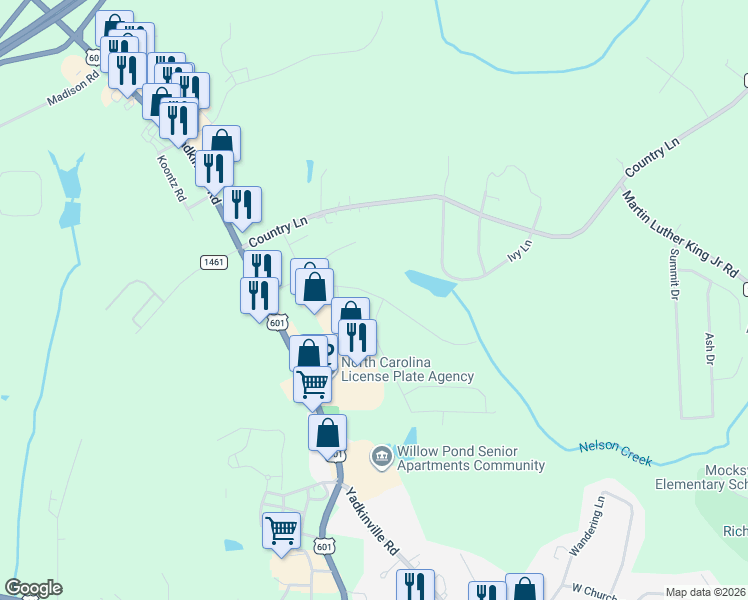 map of restaurants, bars, coffee shops, grocery stores, and more near 1061 Yadkinville Road in Mocksville