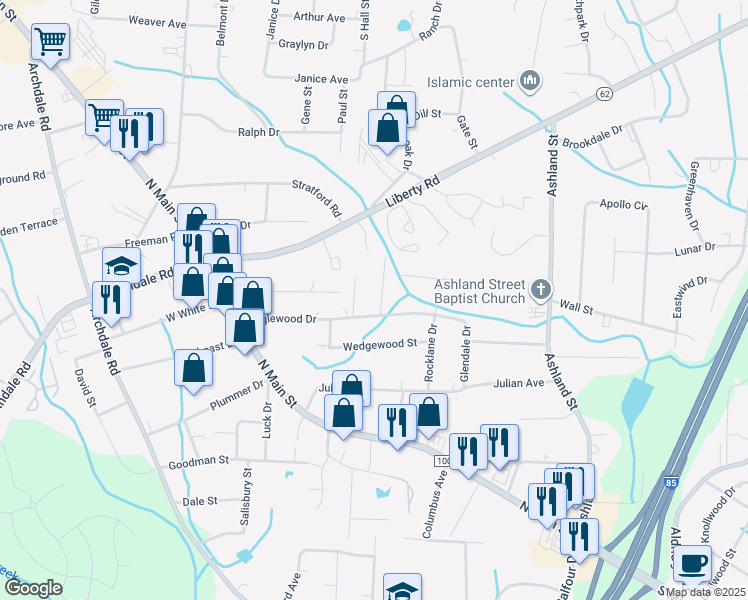 map of restaurants, bars, coffee shops, grocery stores, and more near 3404 Fountain Street in Archdale