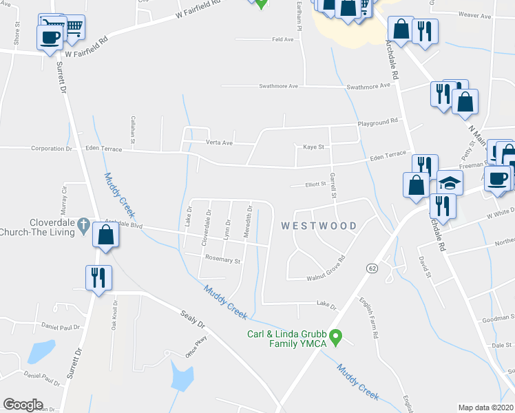 map of restaurants, bars, coffee shops, grocery stores, and more near 319 Lake Drive in Archdale