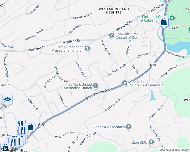 map of restaurants, bars, coffee shops, grocery stores, and more near 1301 Forest Brook Road in Knoxville